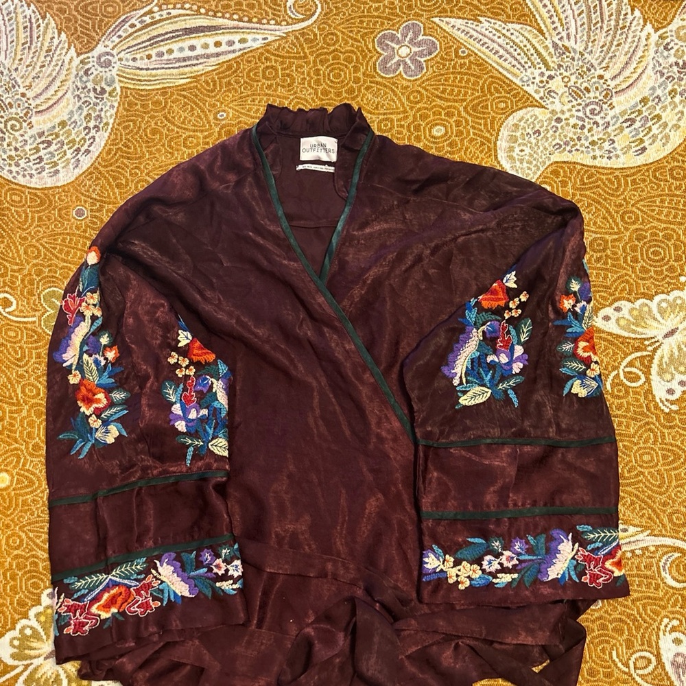 Urban Outfitters Wrap Around Blouse Tie 3/4 Sleeves.Burgundy w/ embroidered.